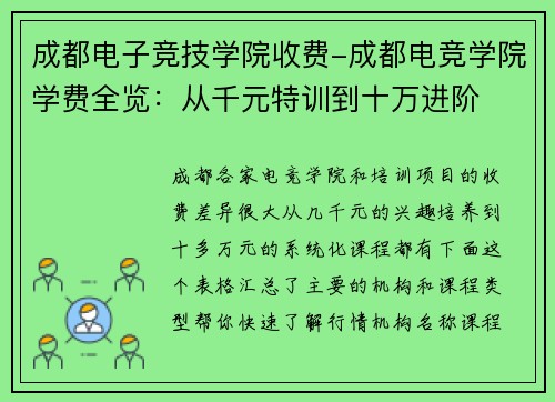 成都电子竞技学院收费-成都电竞学院学费全览：从千元特训到十万进阶